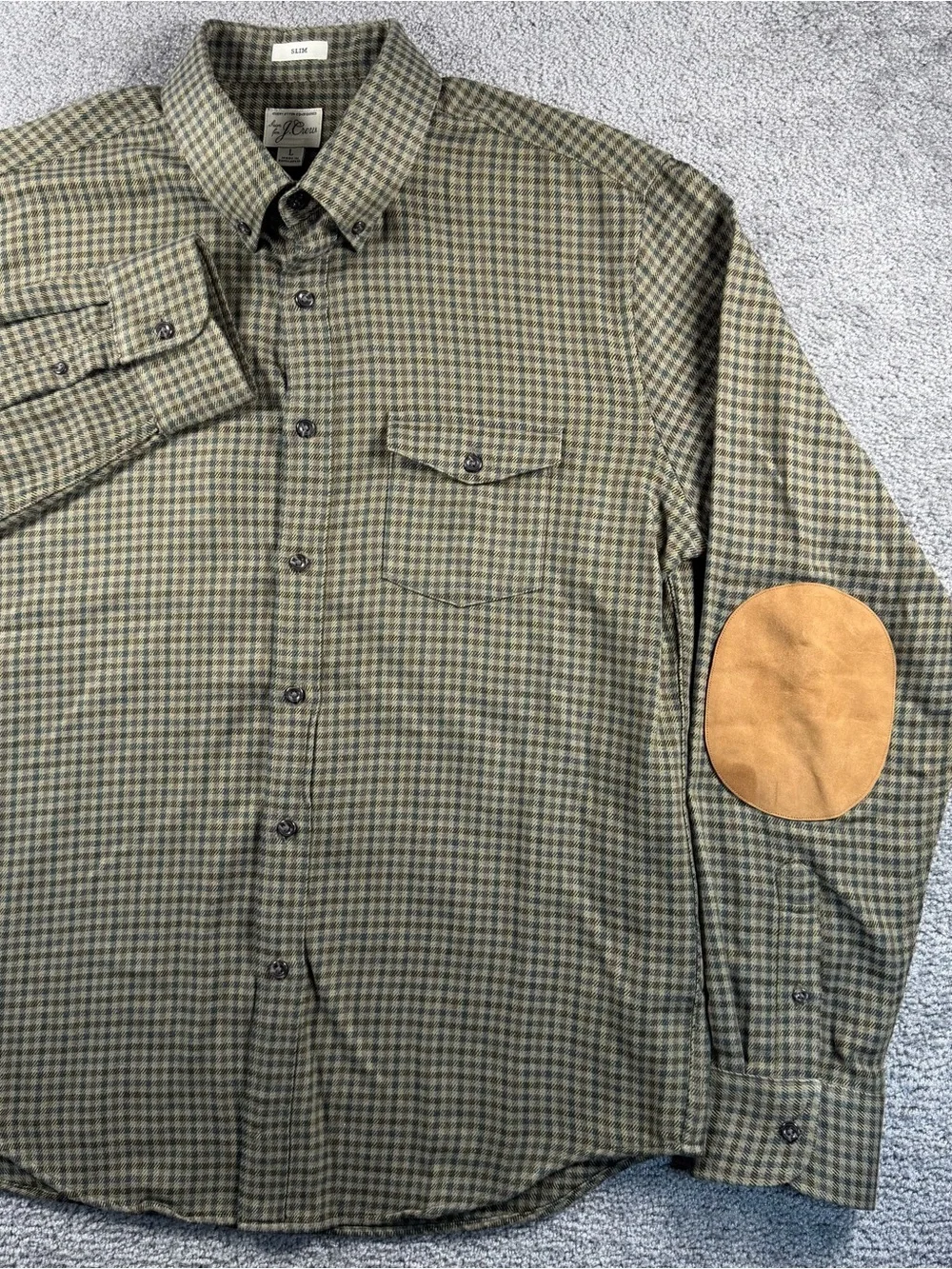J Crew Houndstooth Flannel Shirt Mens Large Olive Green Plaid Elbow Patches Slim